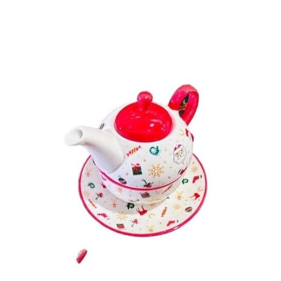 Christmas Ceramic Tea Set With Santa & Reindeer Design - Cup Saucer & Teapot - Picture 2 of 4